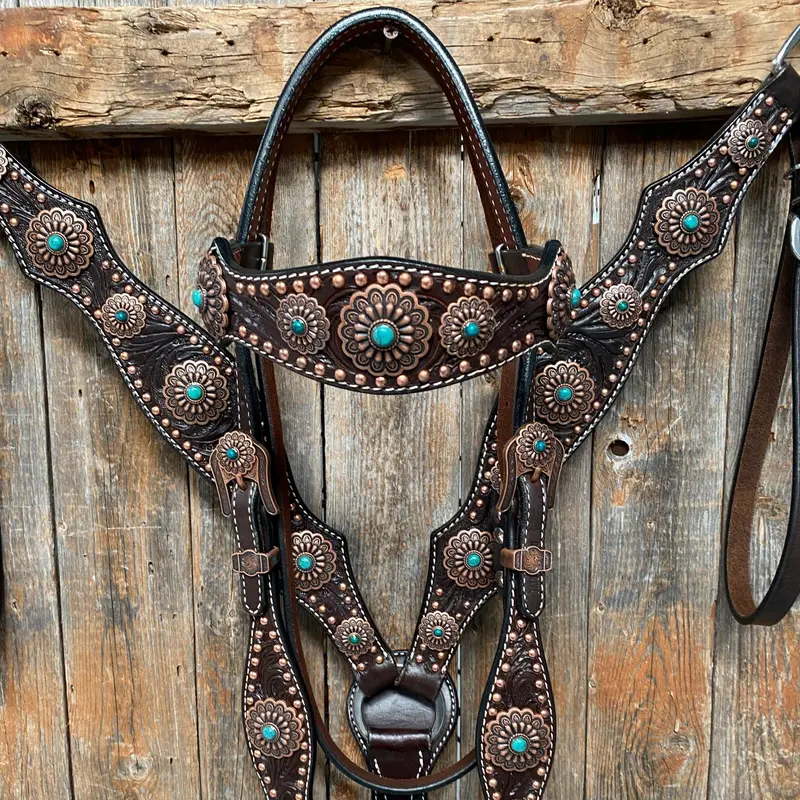 Dark Oil Copper Dot Floral With Turquoise Browband/One Ear Tack Set #Bbbc476 1