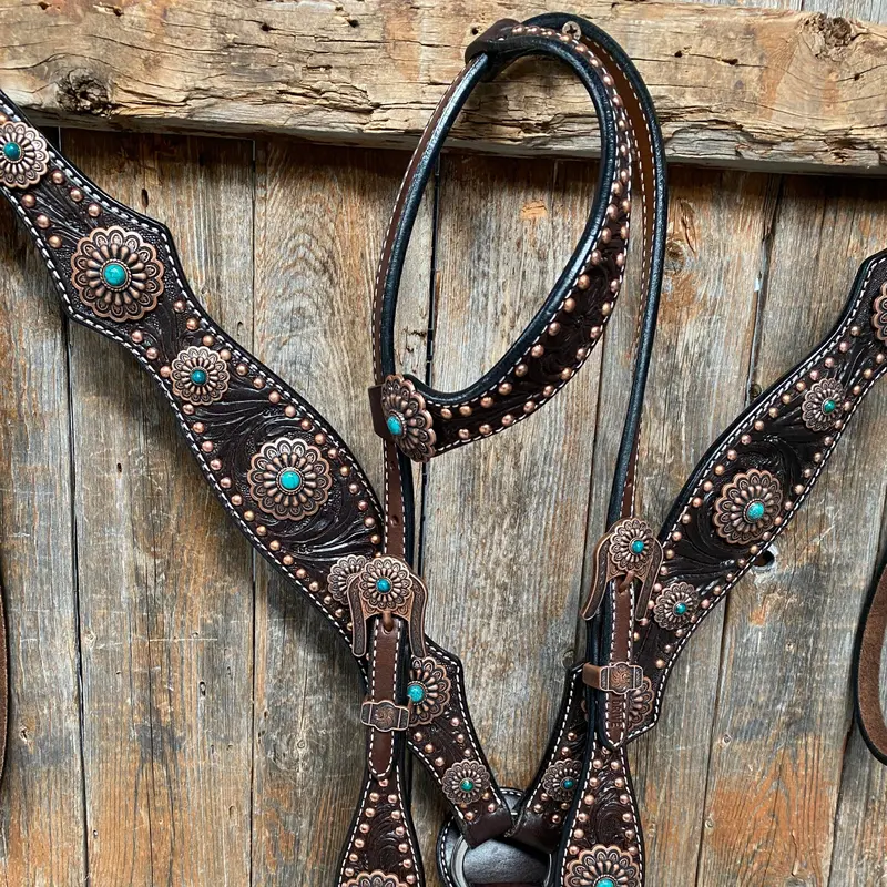 Dark Oil Copper Dot Floral With Turquoise Browband/One Ear Tack Set #Bbbc476 3