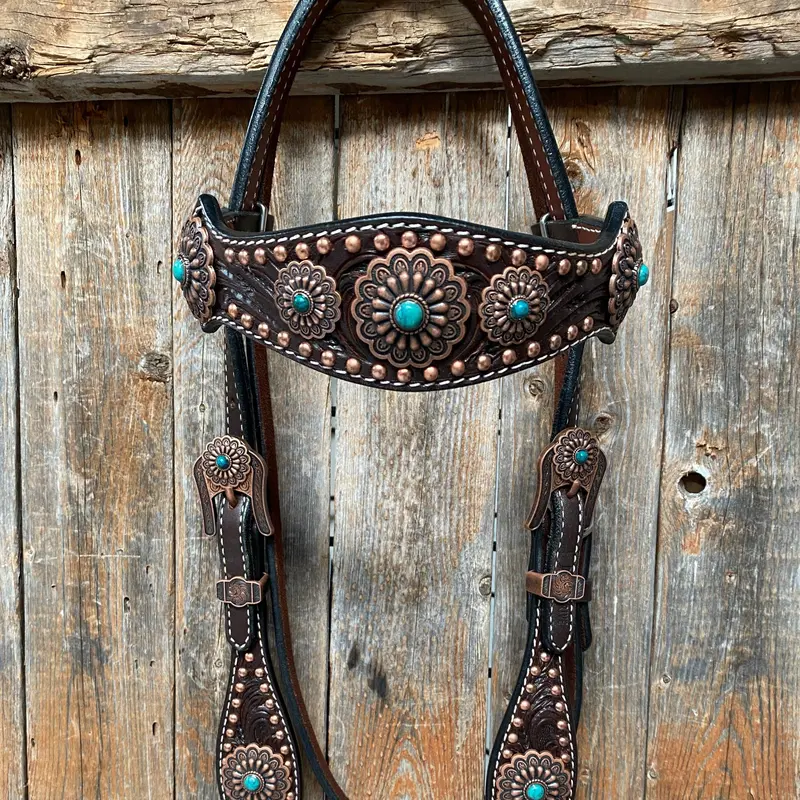 Dark Oil Copper Dot Floral With Turquoise Browband/One Ear Tack Set #Bbbc476 4