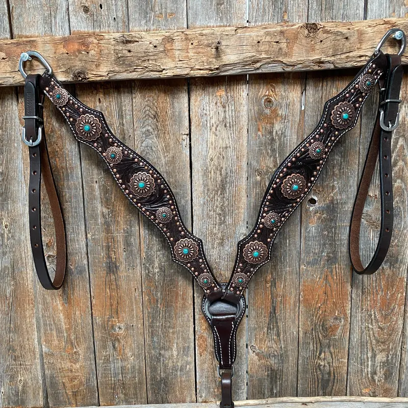 Dark Oil Copper Dot Floral With Turquoise Browband/One Ear Tack Set #Bbbc476 4
