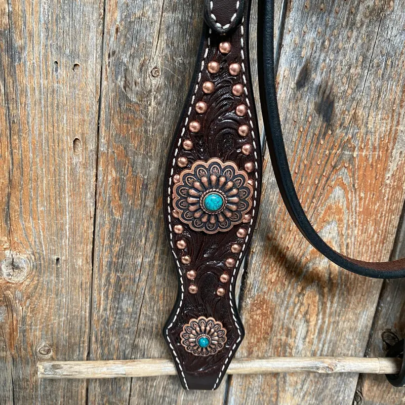 Dark Oil Copper Dot Floral With Turquoise Browband/One Ear Tack Set #Bbbc476 5