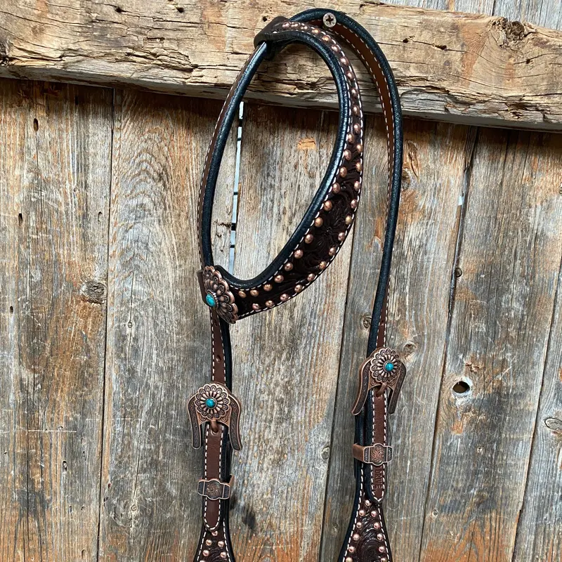Dark Oil Copper Dot Floral With Turquoise Browband/One Ear Tack Set #Bbbc476 5