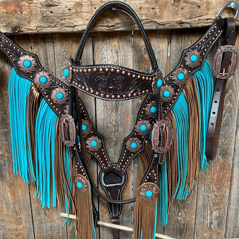 Dark Oil Copper Dot Turquoise Browband/One Ear Tack Set  #Bbbc498 1