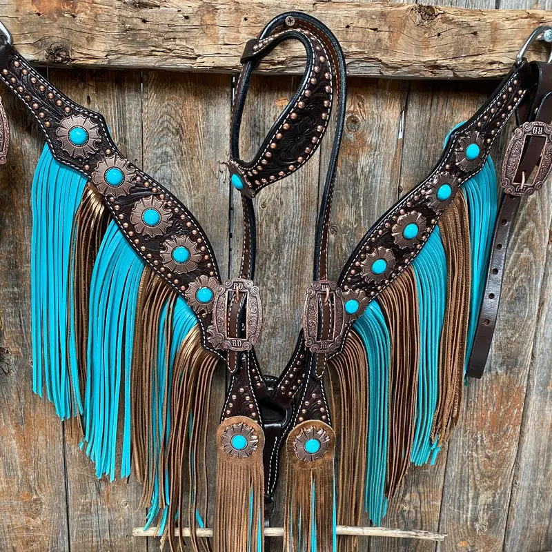 Dark Oil Copper Dot Turquoise Browband/One Ear Tack Set #Bbbc498 2