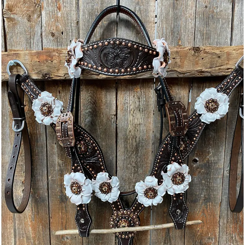 Dark Oil Copper Dot White And Topaz Browband / One Ear Tack Set #Bbbc441 1