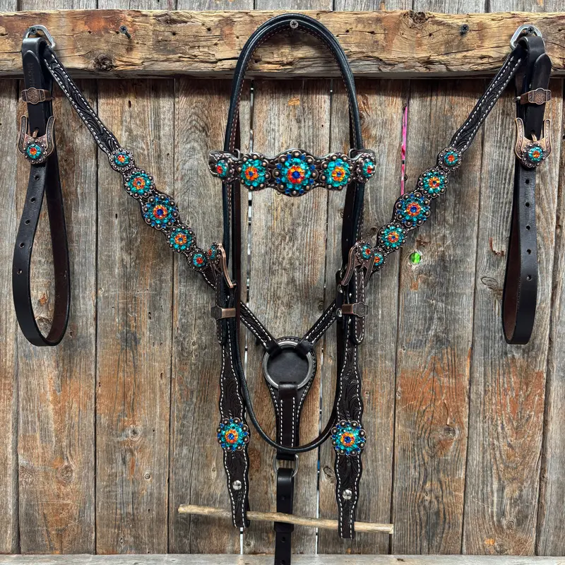 Dark Oil Floral Capri, Fire Opal, Teal Browband/One Ear Breastcollar Tack Set #Bbbc678 1