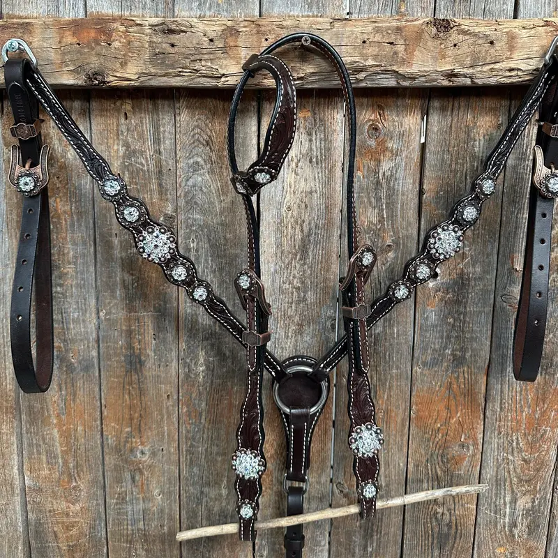 Dark Oil Floral Clear One Ear/ Breastcollar Tack Set #Oebc517 1