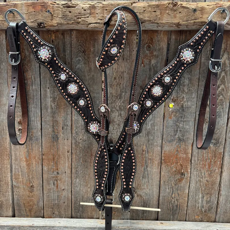 Dark Oil Floral Copper Dot Ab One Ear / Breastcollar Tack Set #Oebc428 1