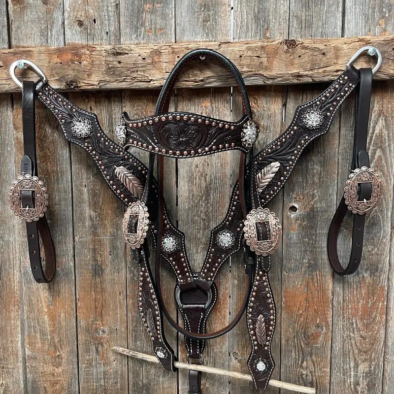 Dark Oil Floral Copper Dot Clear Browband / One Ear / Breastcollar Buckstitch Tack Set #Bbbc486 1