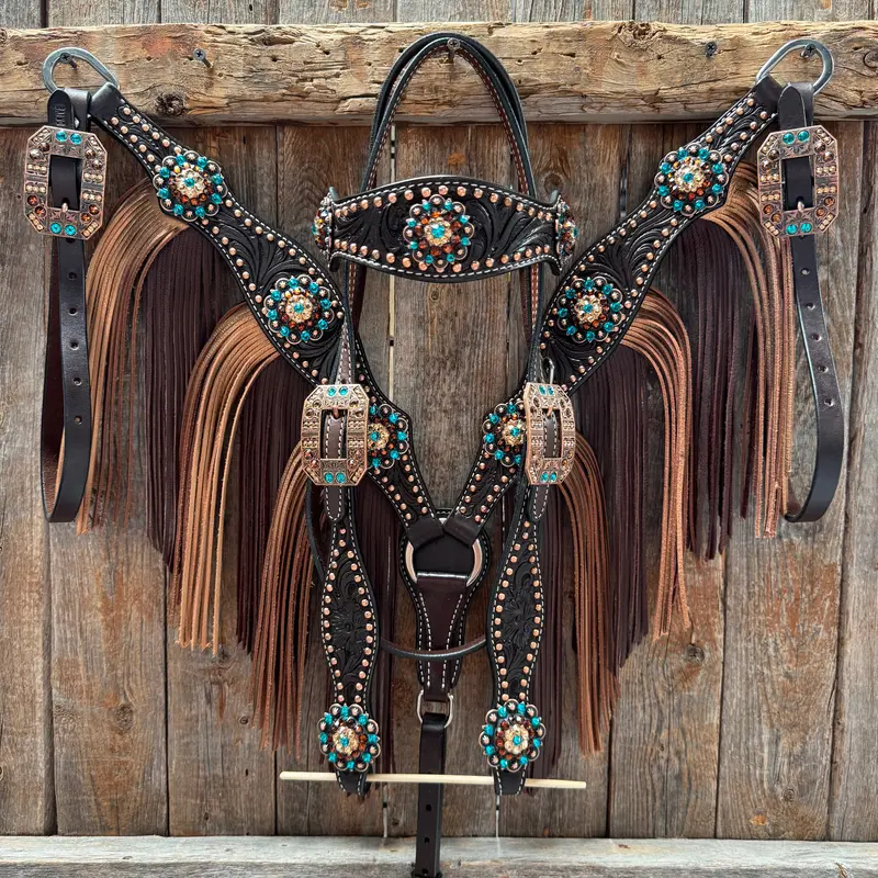 Dark Oil Floral Copper Dot Teal And Champagne Browband / Breastcollar Tack Set #Bbbc473 1