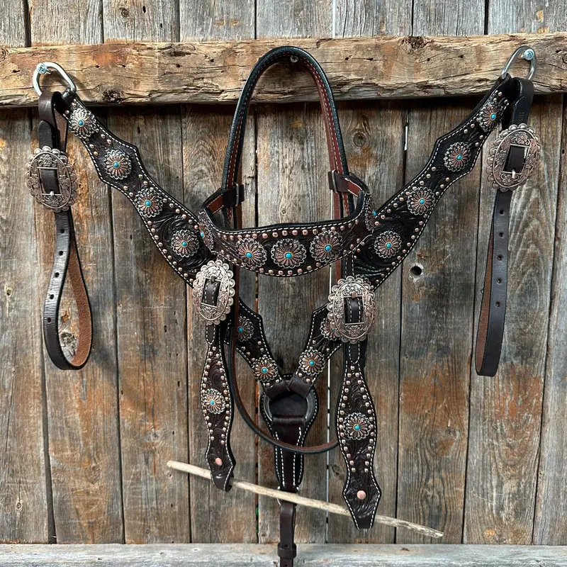 Dark Oil Floral Copper Dot & Turquoise Browband Headstall / Breastcollar Tack Set #Bbbc535 1