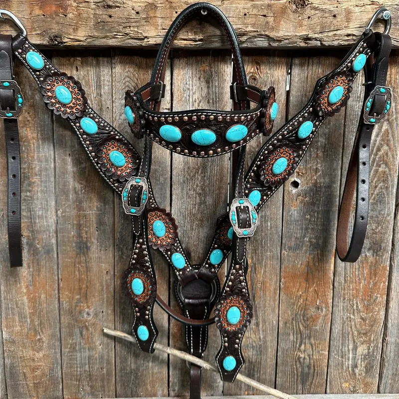 Dark Oil Floral Copper Dot Turquoise Cabochon Browband / Breastcollar Tack Set #Bbbc508 1