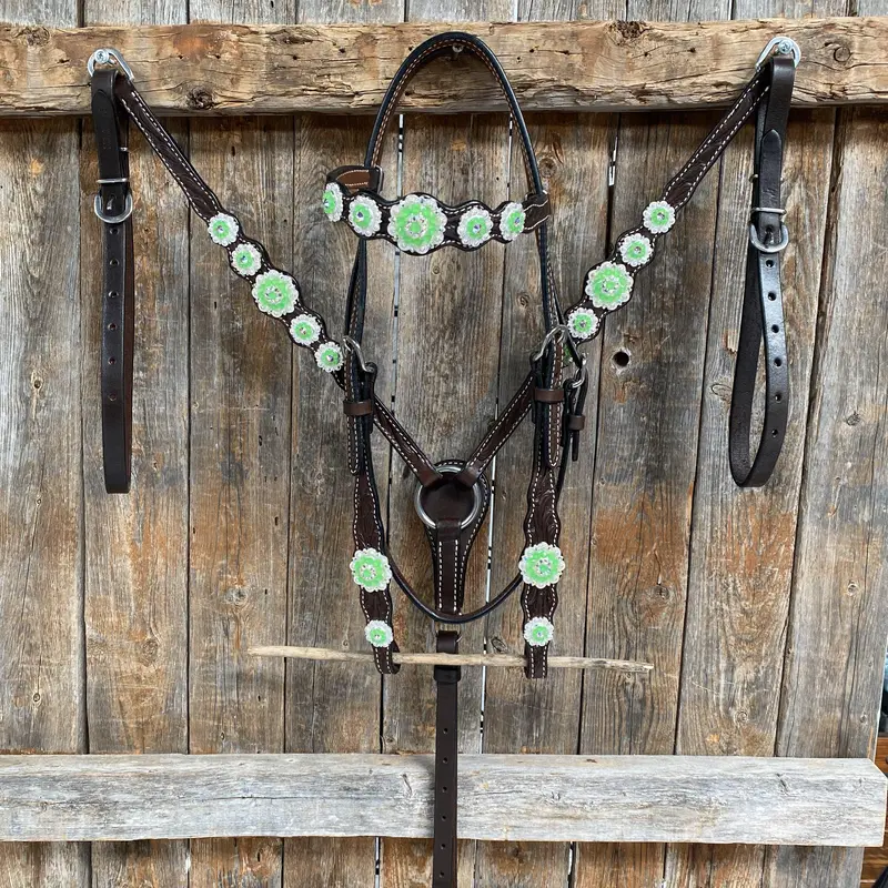 Dark Oil Floral Neon Green Browband / One Ear Tack Set #Bbbc560 1