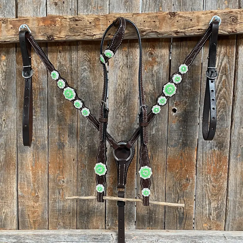 Dark Oil Floral Neon Green Browband / One Ear Tack Set #Bbbc560 2