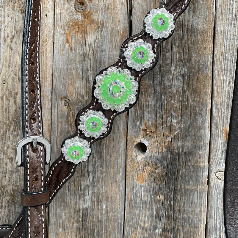 Dark Oil Floral Neon Green Browband / One Ear Tack Set #Bbbc560 4