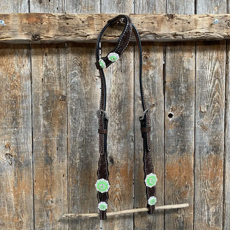 Dark Oil Floral Neon Green Browband / One Ear Tack Set #Bbbc560 4