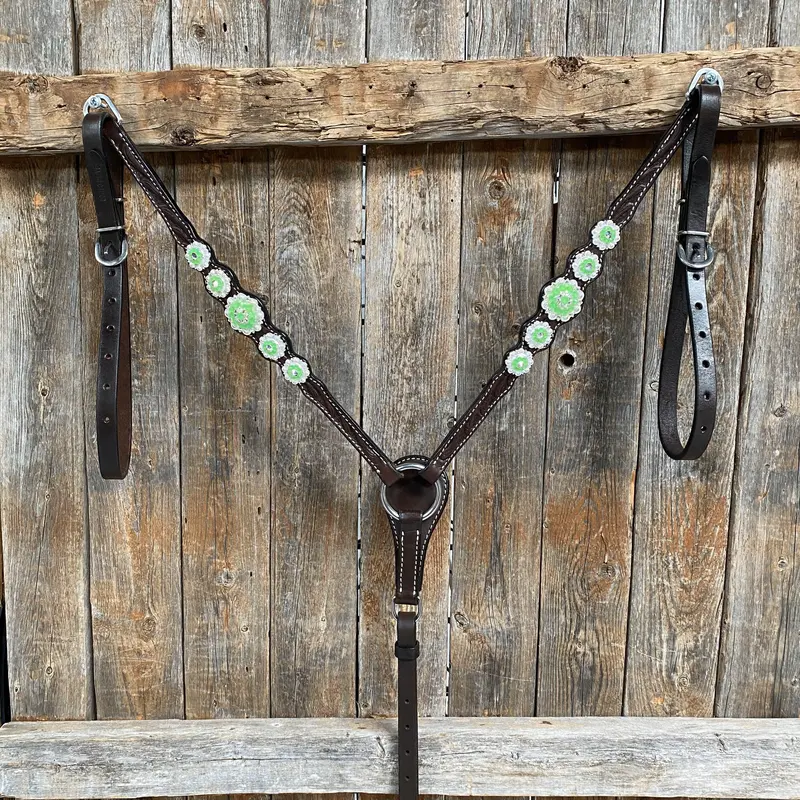 Dark Oil Floral Neon Green Browband / One Ear Tack Set #Bbbc560 5