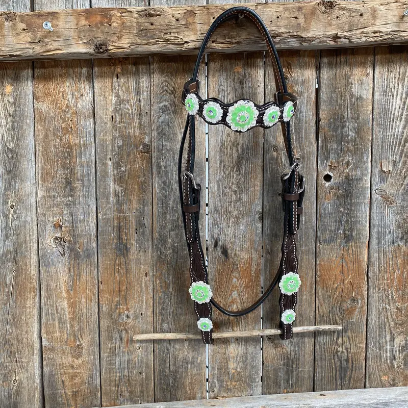 Dark Oil Floral Neon Green Browband / One Ear Tack Set #Bbbc560 5
