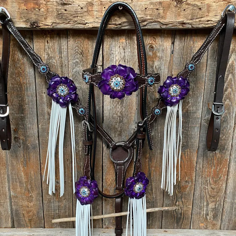 Dark Oil Floral Purple And White Browband / One Ear Tack Set #Bbbc456 1