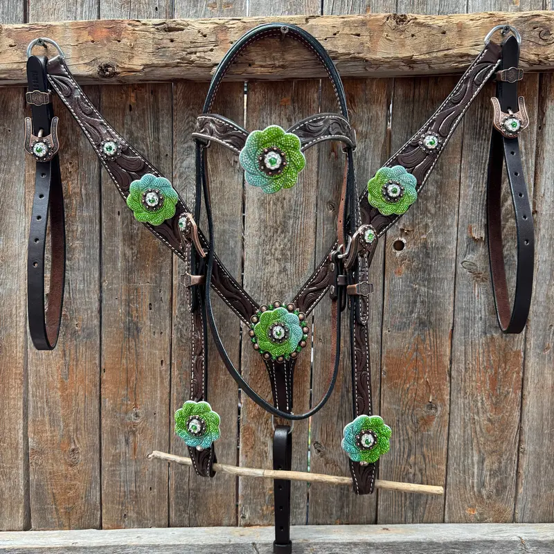 Dark Oil Floral Tooled Fern And Clear Browband & Breastcollar Tack Set #Bbbc652 1