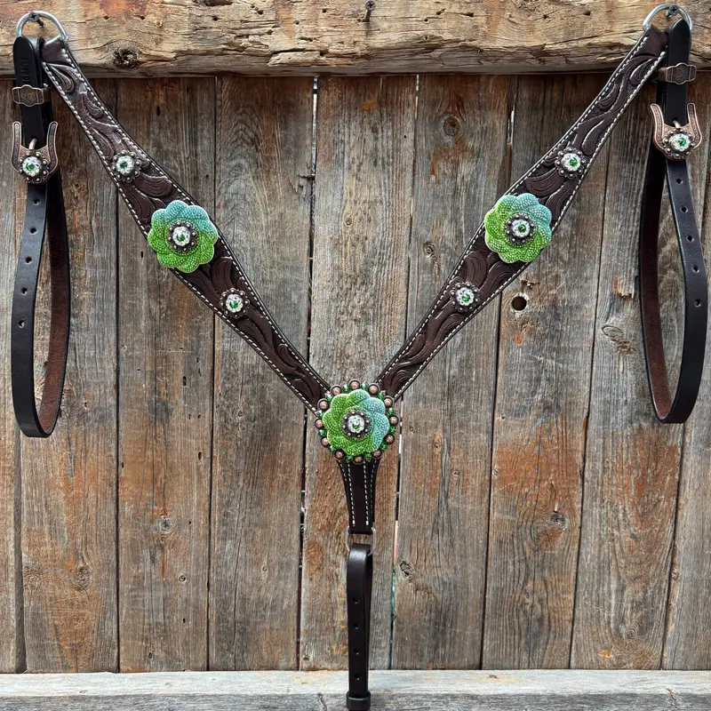 Dark Oil Floral Tooled Fern And Clear Browband & Breastcollar Tack Set #Bbbc652 3