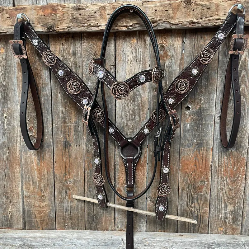 Dark Oil Floral Tooled Roses Browband & Breastcollar Tack Set #Bbbc487 1