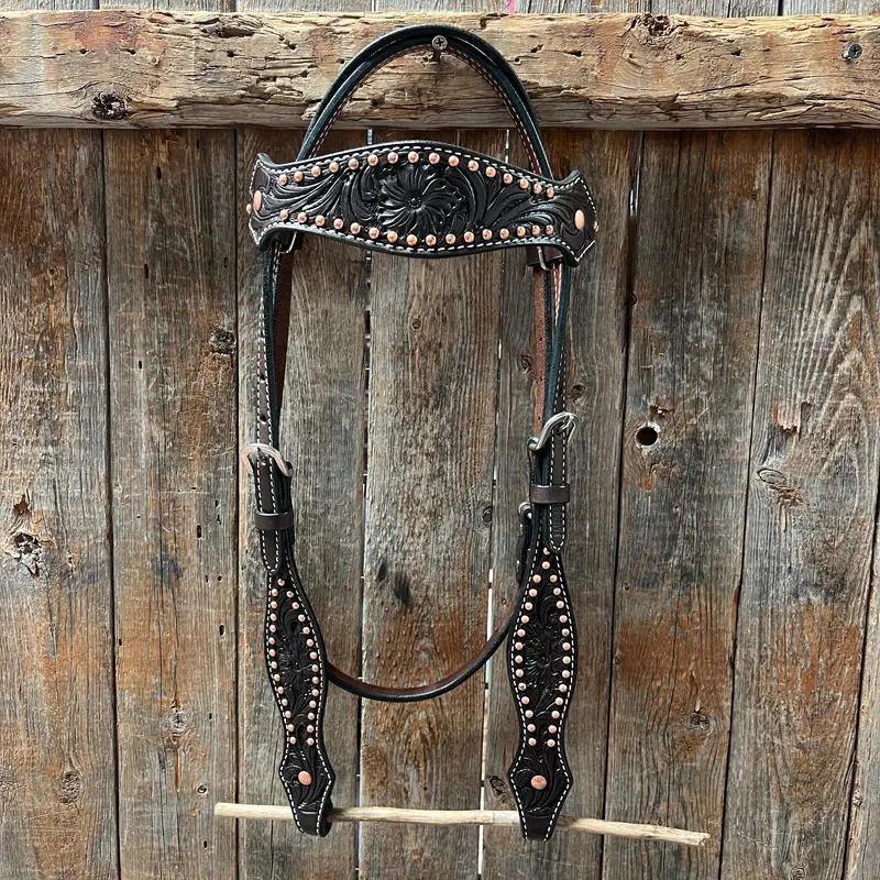 Dark Oil Floral Tooled With Copper Dots Browband Headstall / Bridle 1