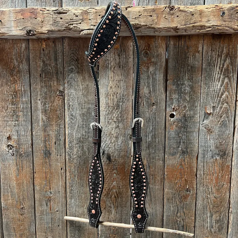 Dark Oil Floral Tooled With Copper Dots One Ear Headstall / Bridle 1