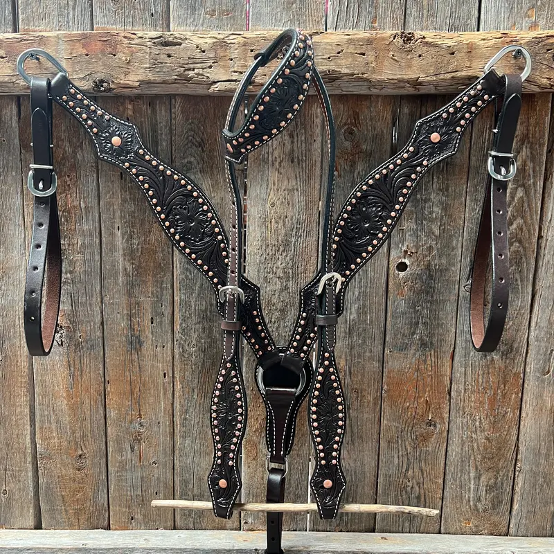 Dark Oil Floral Tooled With Copper Dots Tack Sets 2