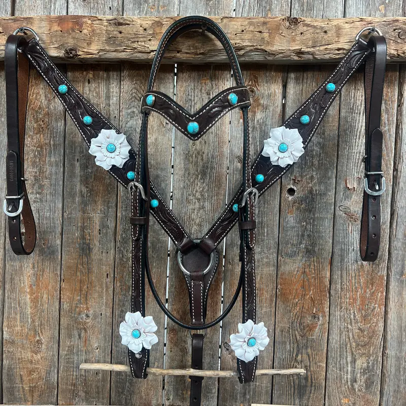 Dark Oil Floral Turquoise Cabochon Browband / Breastcollar Tack Set  #Bbbc598 1