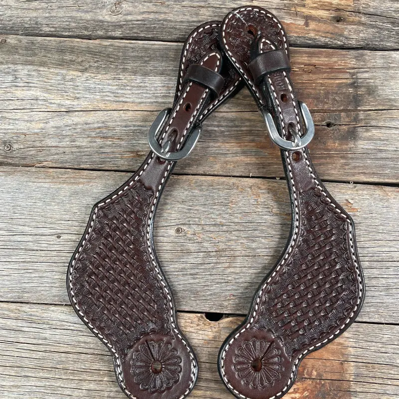 Dark Oil Genuine Leather Basketweave Tooled Spur Straps 1