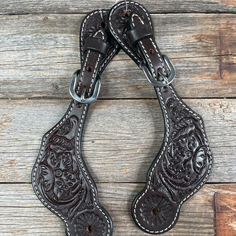 Dark Oil Genuine Leather Floral Tooled Spur Straps 1