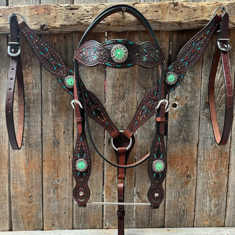 Dark Oil Hand Painted Antique Silver Turquoise Browband/One Ear And  Breastcollar Tack Set #Bbbc555 1