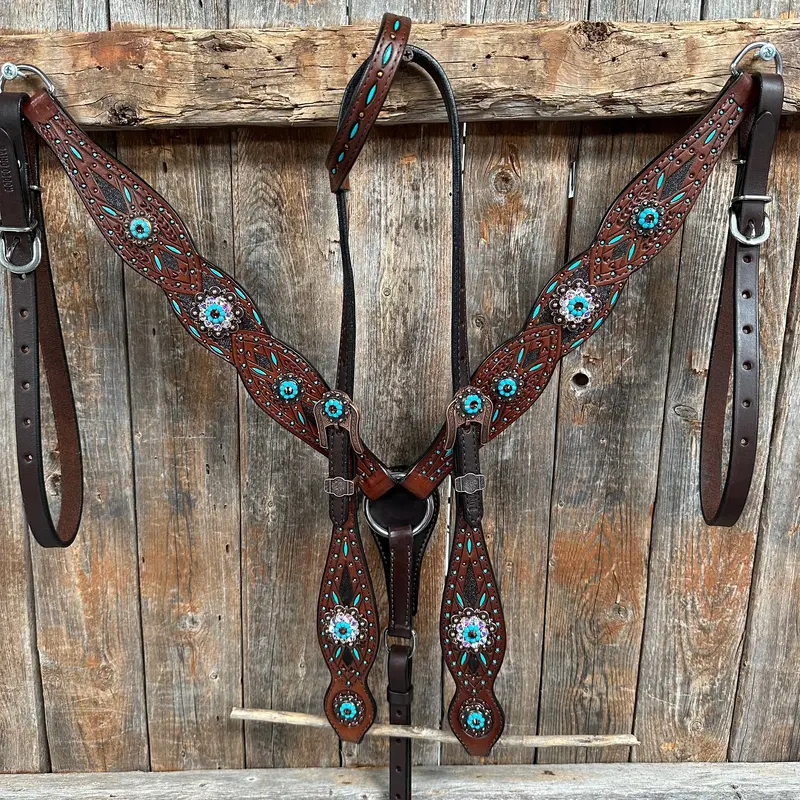 Dark Oil Hand Painted Antique Silver Turquoise One Ear And Breastcollar Tack Set #Oebc564 1