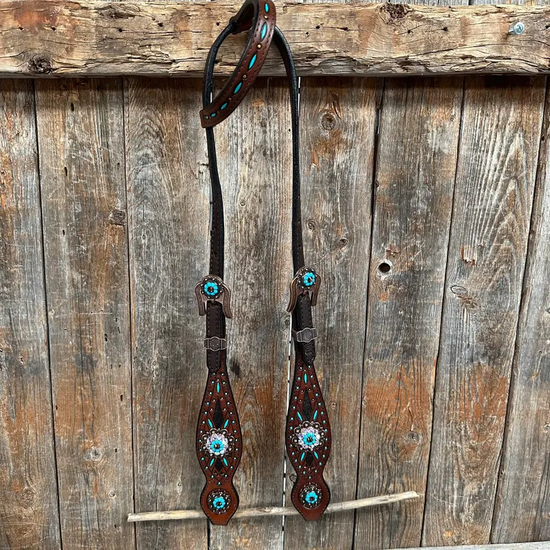 Dark Oil Hand Painted Antique Silver Turquoise One Ear And Breastcollar Tack Set #Oebc564 2