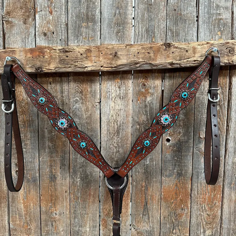 Dark Oil Hand Painted Antique Silver Turquoise One Ear And Breastcollar Tack Set #Oebc564 3