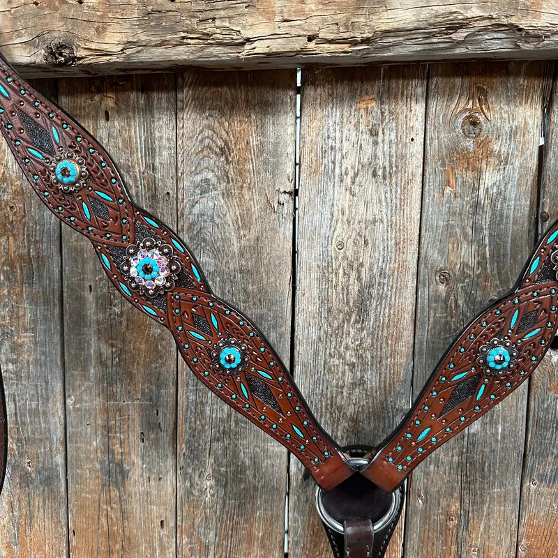 Dark Oil Hand Painted Antique Silver Turquoise One Ear And Breastcollar Tack Set #Oebc564 3