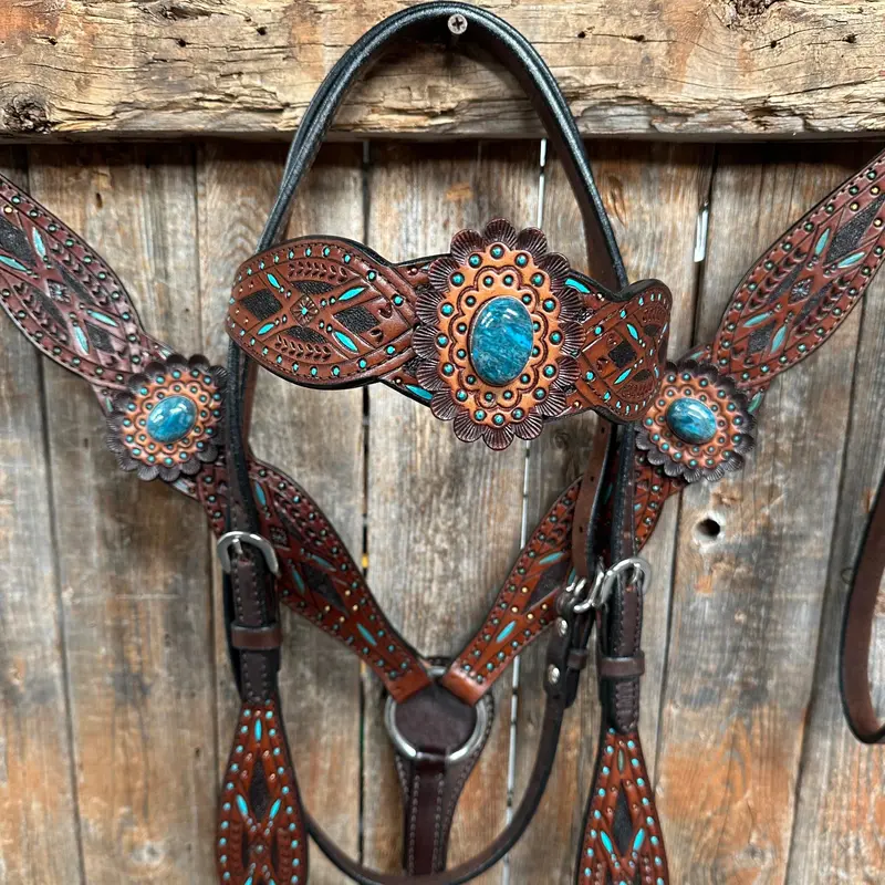 Dark Oil Hand Painted Blue Rosettes Browband/ Breastcollar Tack Set #Bbbc522 1
