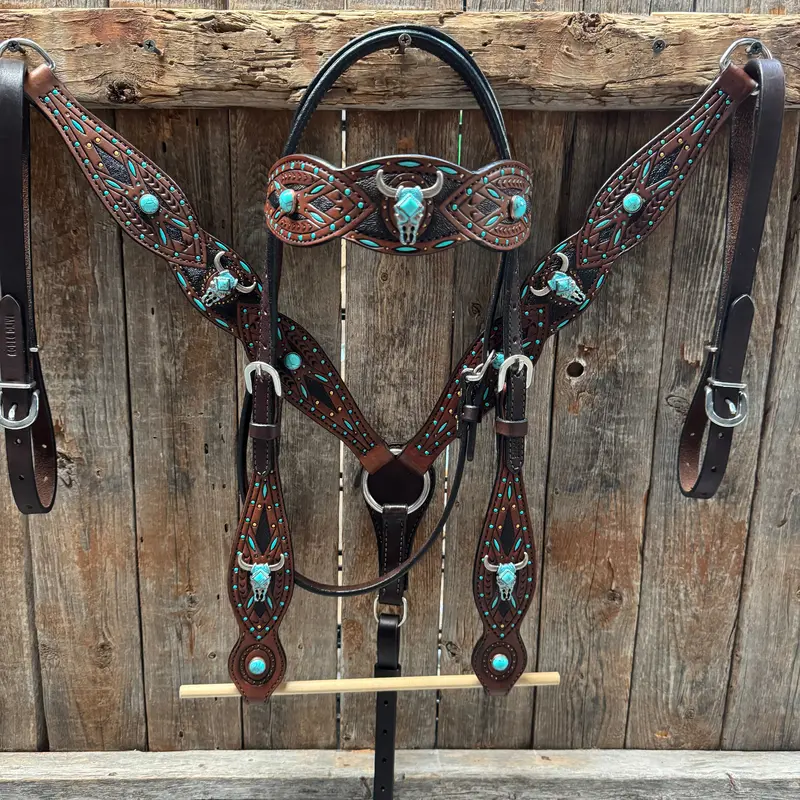 Dark Oil Hand Painted Steer Head And Turquoise Browband/One Ear And Breastcollar Tack Set #Bbbc488 1