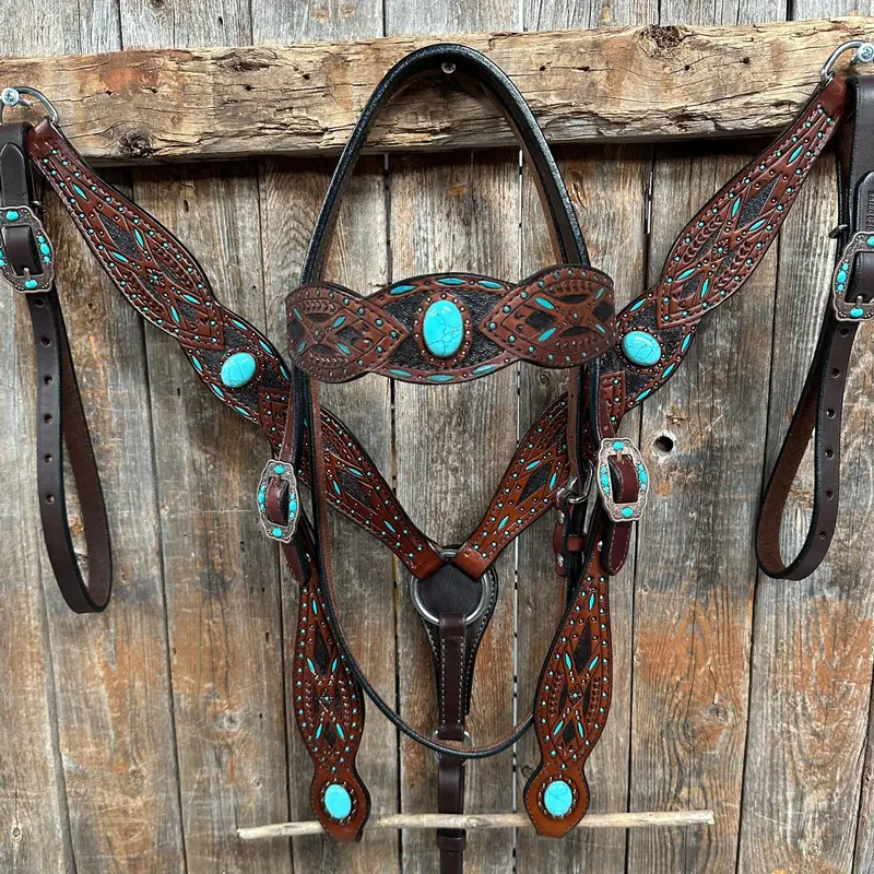 Dark Oil Hand Painted Turquoise Browband/ Breastcollar Tack Set #Bbbc524 1