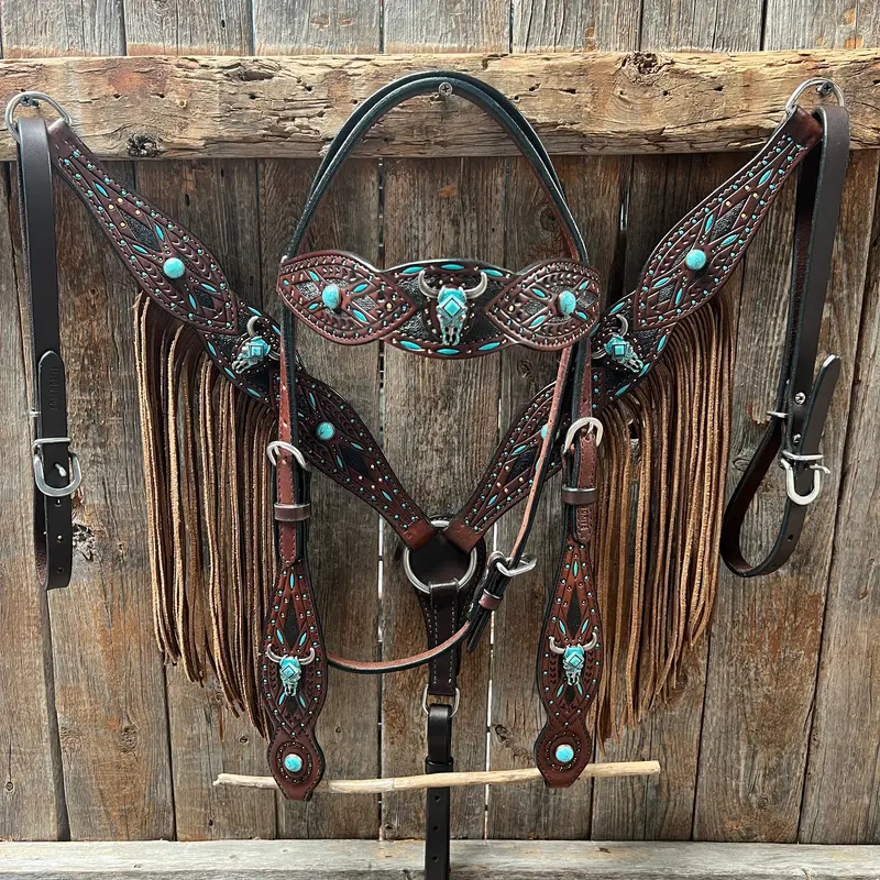 Dark Oil Hand Painted Turquoise Steer Head Browband/One Ear And Breastcollar Tack Set #Bbbc624nw 1