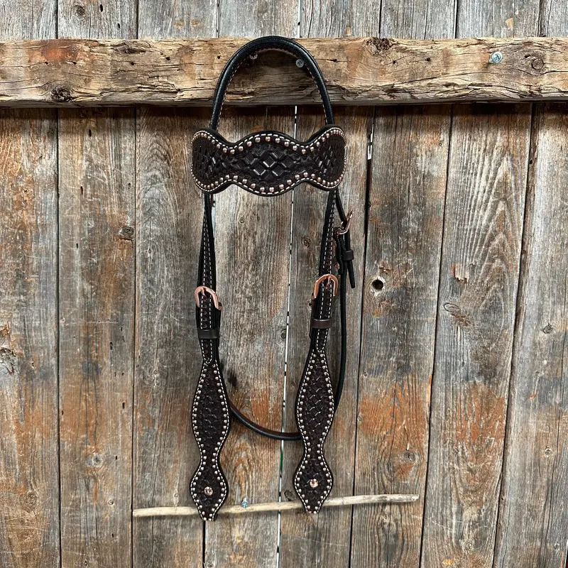 Dark Oil Honeycomb Tooled With Copper Dots Browband Headstall / Bridle 1