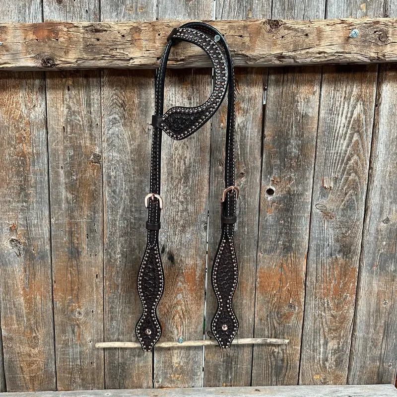 Dark Oil Honeycomb Tooled With Copper Dots One Ear Headstall / Bridle 1
