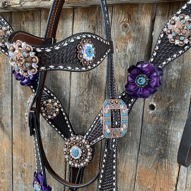 Dark Oil Purple Skull Browband - Breastcollar - Witherstrap Set #Bbbc425 2