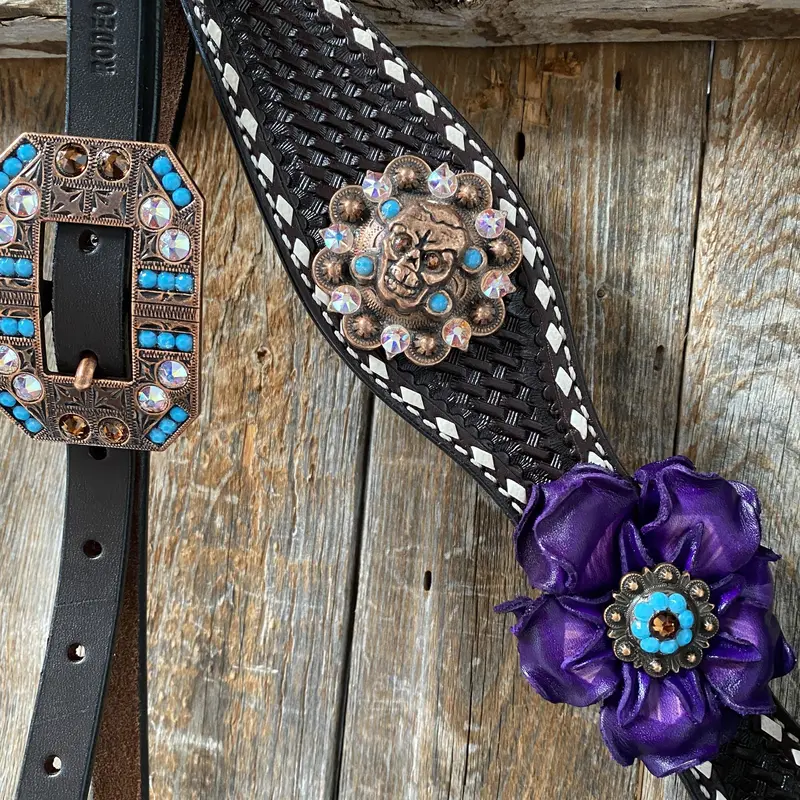 Dark Oil Purple Skull Browband - Breastcollar - Witherstrap Set #Bbbc425 5