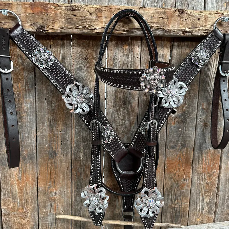Dark Oil Silver Dot Flowers And Skulls Browband / One Ear Tack Set #Bbbc565 1