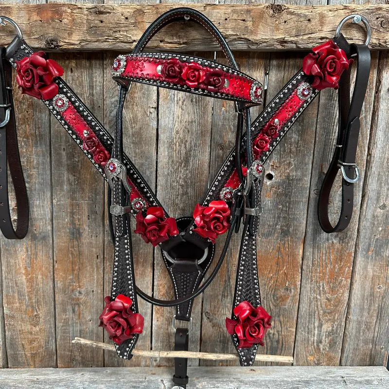 Dark Oil Silver Dot Red Roses Browband/Breastcollar Tack Set #Bbbc570 1