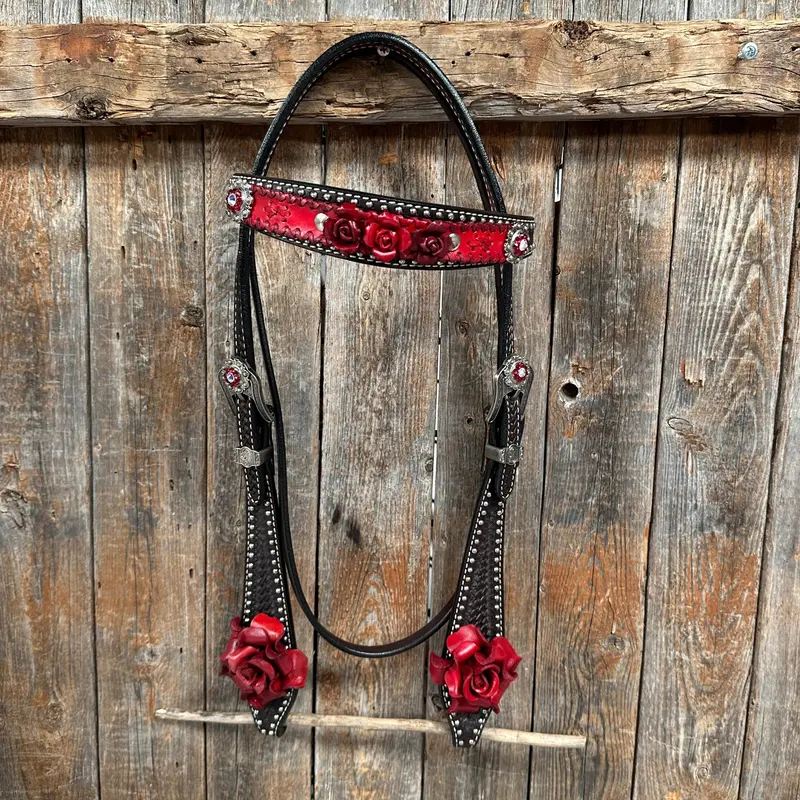 Dark Oil Silver Dot Red Roses Browband/Breastcollar Tack Set #Bbbc570 2