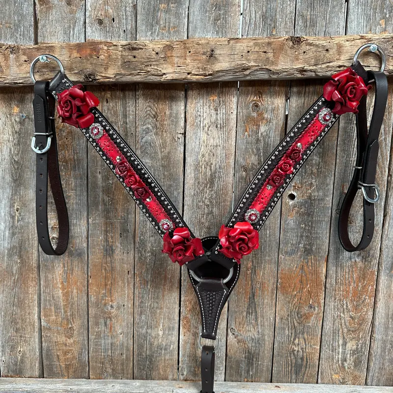 Dark Oil Silver Dot Red Roses Browband/Breastcollar Tack Set #Bbbc570 3