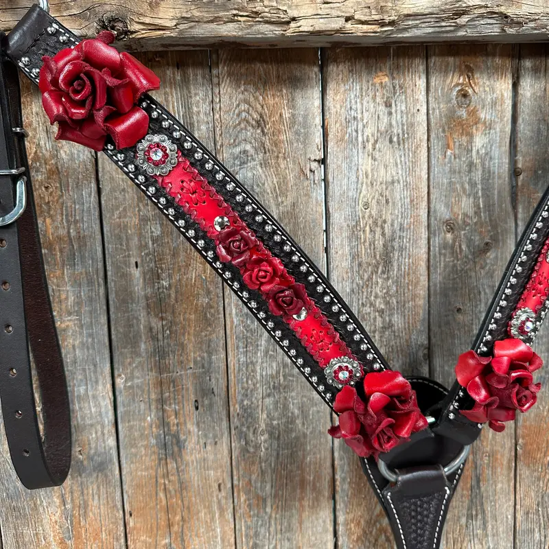 Dark Oil Silver Dot Red Roses Browband/Breastcollar Tack Set #Bbbc570 3